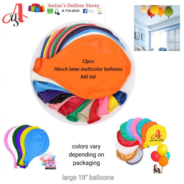 12pc 18-inch latex balloons (assorted colors)